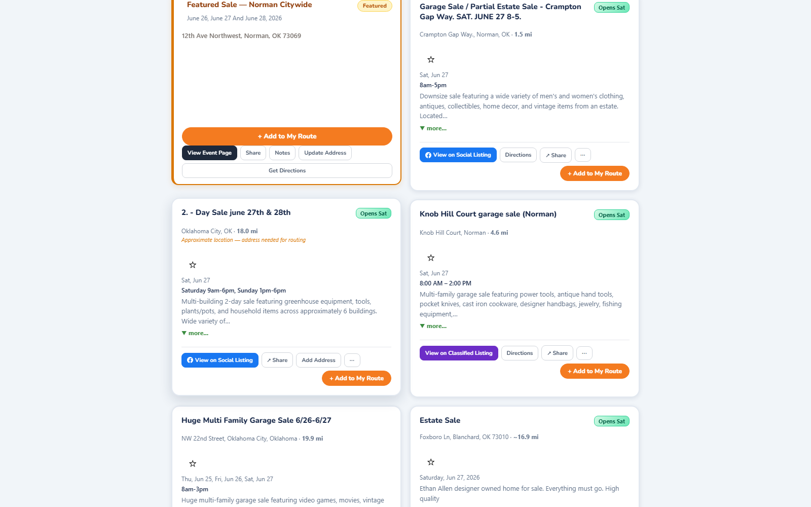 Matched sale cards showing the items at each stop