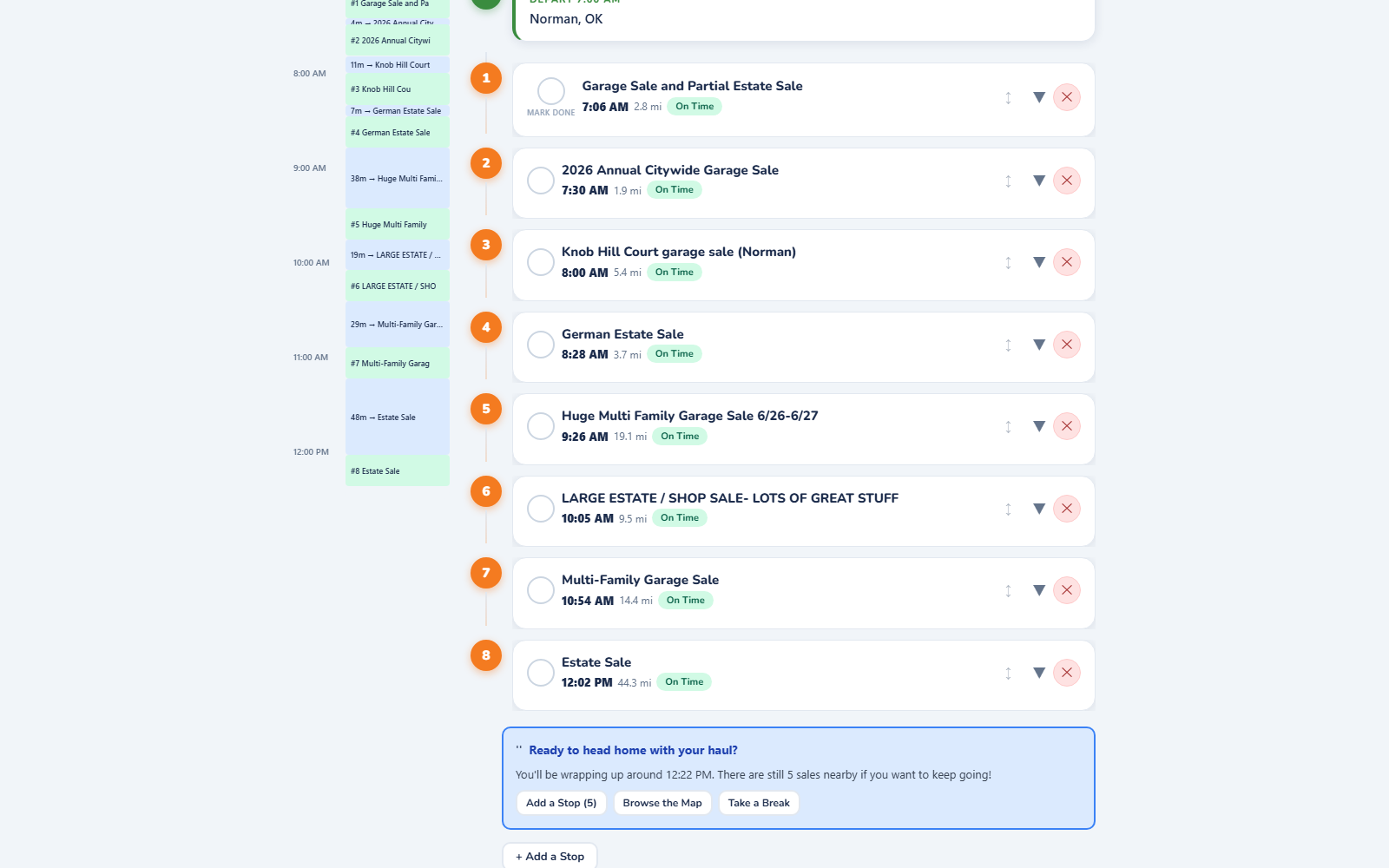 A day-plan timeline with arrival times for every stop