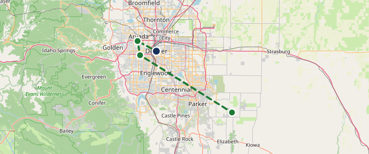 An optimized driving route through several stops near Denver, CO
