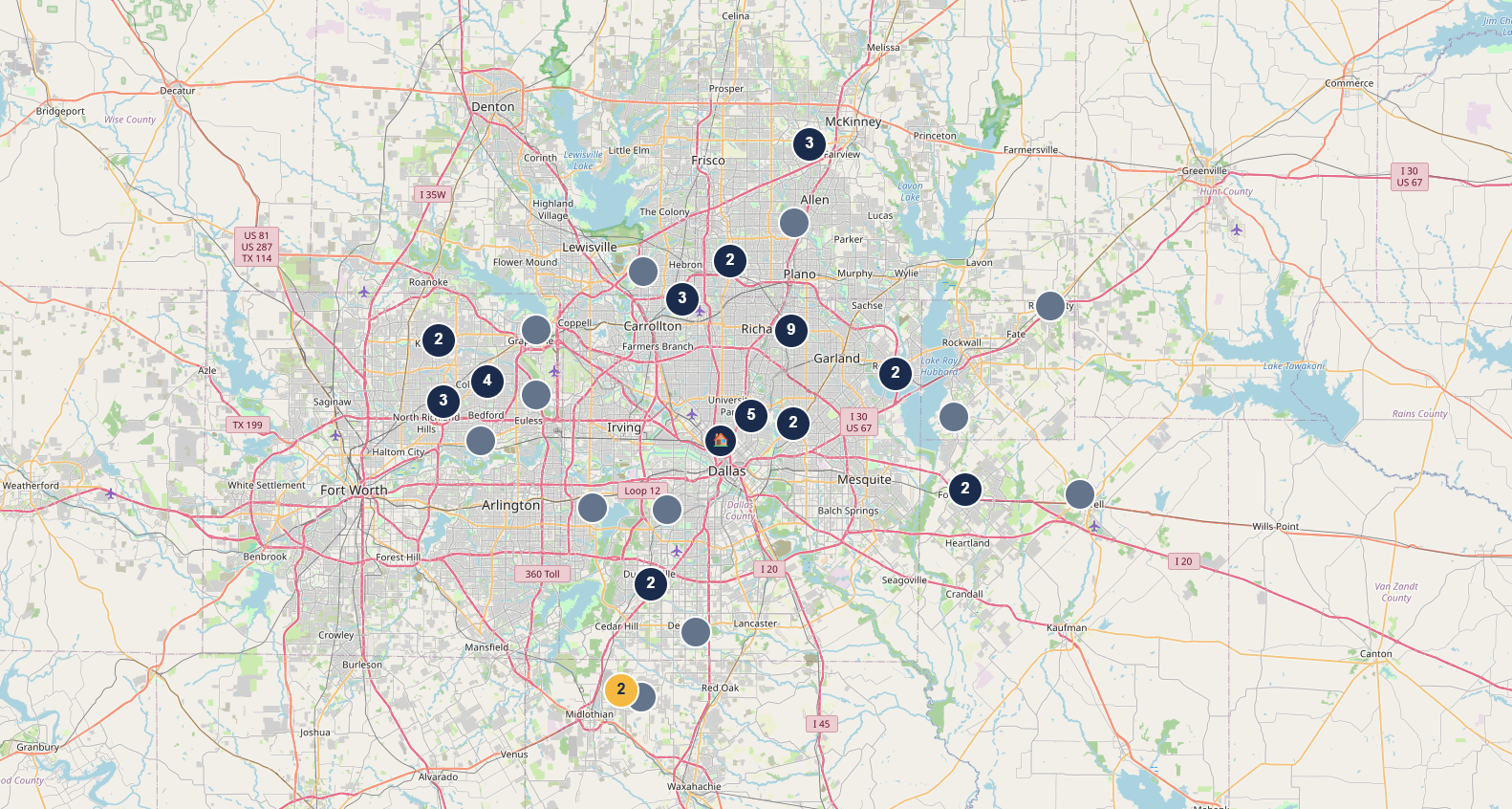 A single map showing garage sale pins spread across the Dallas–Fort Worth metro